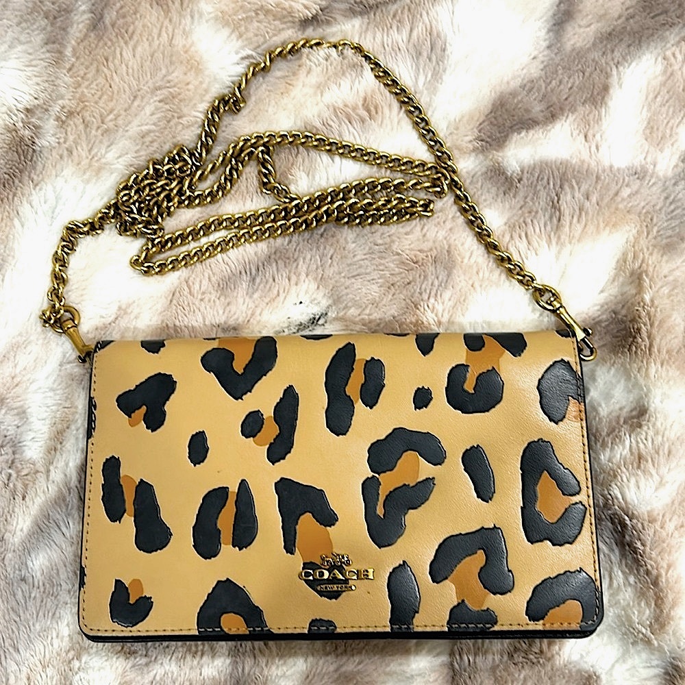 Coach Callie Foldover Chain Clutch with Leopard Print